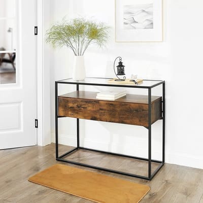 MAZAZU Consoletafel - Bijzettafel voor Hal & Woonkamer - Glazen Tafelblad - Elegant Houtlook Frame - 100x40x80cm