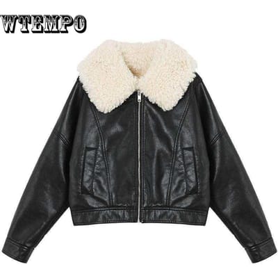 Vrouwen Winter Warme Kunstleren Jassen met Bontkraag Dame Zwarte Motorfiets Biker Korte Buitenkleding Jassen Leren Jas XXXL zwart