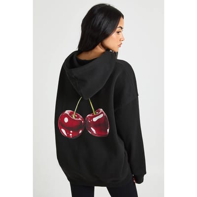 boohoo Dames Oversized hoodie met kersenprint | Zwart | Maat: XS