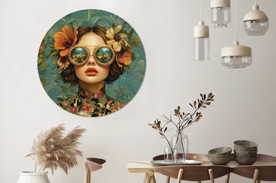 WallCircle - Wandcirkel - Muurcirkel - Vrouw - Bloemen - Vlinders - Natuur - Vintage - Aluminium - Dibond - 140x140 cm - Binnen en Buiten