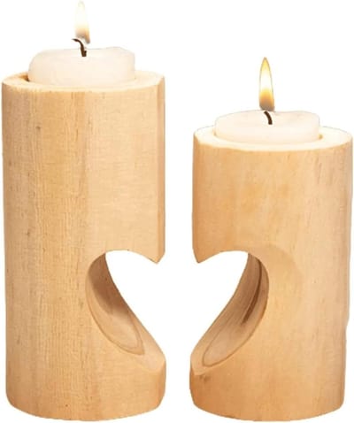 Houten Kandelaars Hart - Set van 2 - Sfeervol Dineren - Handgemaakt Uniek Design - Kort 10cm Hoog 12cm - Houtkleur