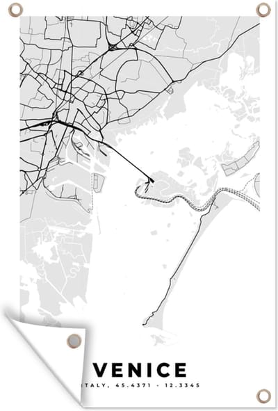 Muurdecoratie Kaart - Venetië - Zwart Wit - Stadskaart - Plattegrond - 120x180 cm - Tuinposter - Tuindoek