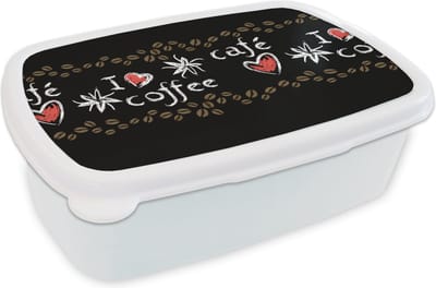 Broodtrommel Wit - Lunchbox - Brooddoos - Koffie - Patronen - Love - 18x12x6 cm - Volwassenen
