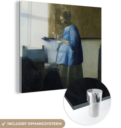 MuchoWow® Glasschilderij 50x50 cm - Schilderij acrylglas - Brieflezende vrouw in het blauw - Schilderij van Johannes Vermeer - Foto op glas - Schilderijen