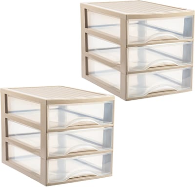 Plasticforte Ladekastje bureau organizer - 2x - 3 lades - beige/transparant - L26 x B35 x H27 cm - kunststof