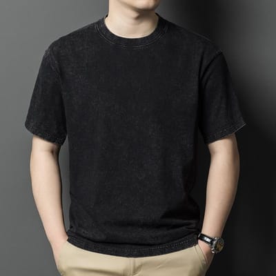 Été Nouveau Style Lavé Manches Courtes Homme Couleur Unie Col Rond Ample Respirant Fin T-shirt Tendance Homme XL black