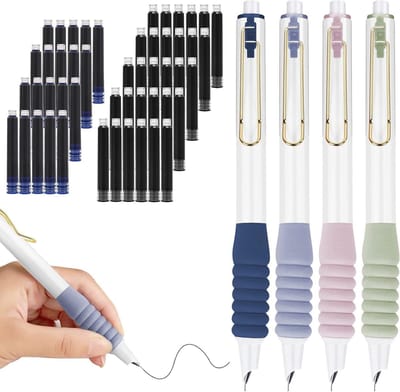 Intrekbare vulpen - 4 stuks 0,38 mm schrijfpen met zachte antislip grip (incl. 50 inktzakjes)