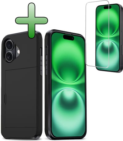 Hoes Geschikt voor iPhone 16 Hoesje Hard Case Met Pas Houder Met Screenprotector - Hoesje Geschikt voor iPhone 16 Hoes Shockproof Hard Cover Met Kaarthouder - Zwart