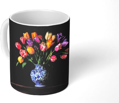 Mok - Koffiemok - Tulpen - Kleuren - Hout - Vaas - Mokken - 350 ML - Beker - Koffiemokken - Theemok