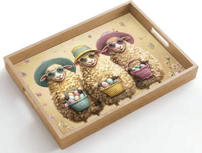Dienblad hout 50x35 cm - Schootdienblad - Schaapjes - Eieren - Bloemen - Pasen - Borrelplank rechthoek - Plateau dienbladen