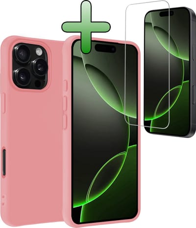 Hoesje Met Screenprotector - Geschikt voor Apple iPhone 16 Pro - Sterk & Shockproof - Back Cover - Siliconen Case - Telefoon Hoes - Lichtroze