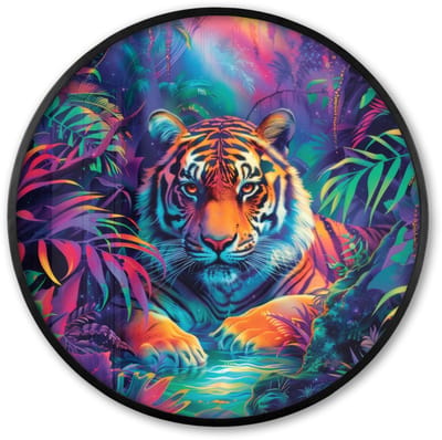 Poster in lijst Rond - Fotolijst 60x60 cm - Posters - Tijger - Dier - Jungle - Kleurrijk - Ronde posterlijst zwart - Decoratie - Wanddecoratie woonkamer - Muurdecoratie slaapkamer