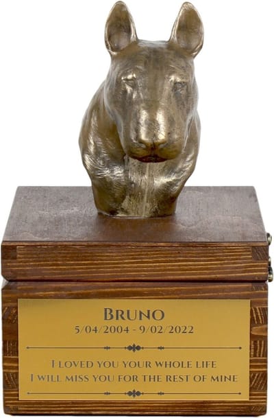 Persoonlijke urn hond voor Bull Terrier met hondenstandbeeld