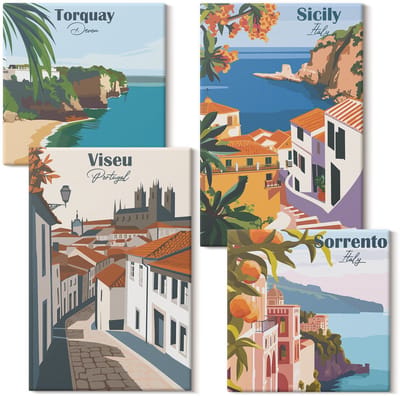 Wallfluent Set van canvas schilderijen - Retro-illustraties van beroemde steden over de hele wereld Canvas Schilderijen Set - Set van 4 Canvas Schilderijen - Veelkleurig Set van Canvas Prints - Steden Canvas Kunst Set - Boheemse Canvas Kunst Set