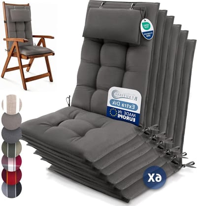 Beautissu Set van 6 Premium Hoge Rugleuning Kussen met Hoofdkussen 120x50 cm Sun-HL – UV-bestendig & 8cm Dik Kussen Tuinstoelkussen Antislip Bevestigingsbanden – Stevige Stof Taupe