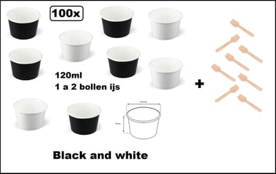 100x IJsbeker zwart en wit 120ml karton + 100x IJslepel hout - 1 a 2 bollen - IJs beker - Black and White Party schepijs softijs ijsje zomer festival thema feest