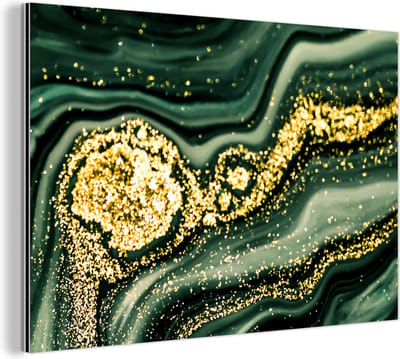 Wanddecoratie Metaal - Aluminium Schilderij Industrieel - Marmer - Goud - Glitter - Groen - Marmerlook - Luxe - 180x120 cm - Dibond - Foto op aluminium - Industriële muurdecoratie - Voor de woonkamer/slaapkamer