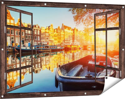 Gards Tuinposter Doorkijk Amsterdamse Brug - Gracht - met Bloemen - 120x80 cm - Tuindoek - Tuindecoratie - Wanddecoratie buiten - Tuinschilderij