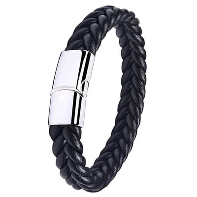 Victorious Leren Armband Heren – Zwart Gevlochten Leer en Zilveren Sluiting – Zwart/Zilver – 19cm