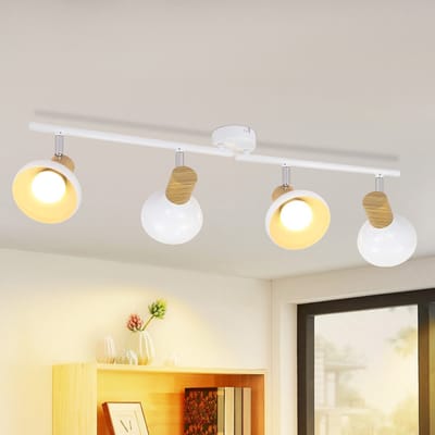 NETTLIFE Opbouwspot - E14 Fitting - 4-Lichts - wit - L 70cm - met Hout ontwerp - Metaal - Moderne Plafondlamp - 350° draaibar Plafondspot - voor Keuken | Hal | Woonkamer - Zonder lamp