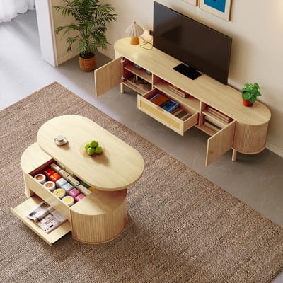 MIVRAY Woonkamermeubelset - Verstelbare Salontafel En TV Meubel Met Opbergruimte - Kabelbeheer En Rotan Detail - MDF - Naturel