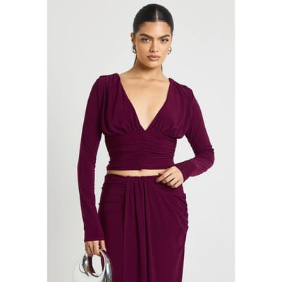 boohoo Dames Dubbele Laag Slinky Diepe V-hals Gerimpelde Lange Mouw Top | Plum | Maat: 6