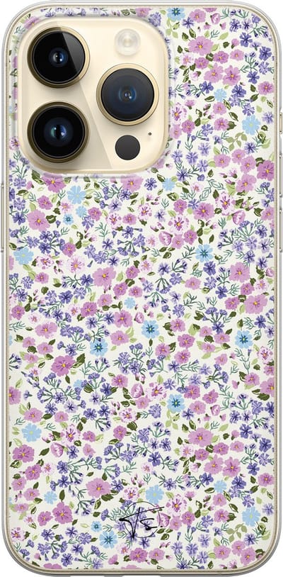 Hoesje geschikt voor iPhone 14 Pro - Paarse bloemen - Soft Case - TPU - Bloemen - Paars - Mooie Telefoonhoesjes