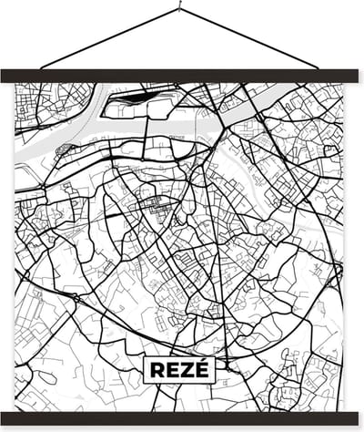 Posterhanger incl. Poster 60x60 cm - Schoolplaat - Stadskaart - Frankrijk - Kaart - Plattegrond - Rezé - Zwart wit - Textielposter - Zwarte latten - Stadskaart