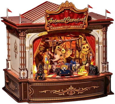 CuteBee Miniatuurhuisje - Incl. Stofkap, Licht en Muziek - Modelbouw - Modelbouwpakket - 3D Houten Puzzel - DIY Bouwpakket Volwassenen - Constructiespeelgoed - Animal Carnival