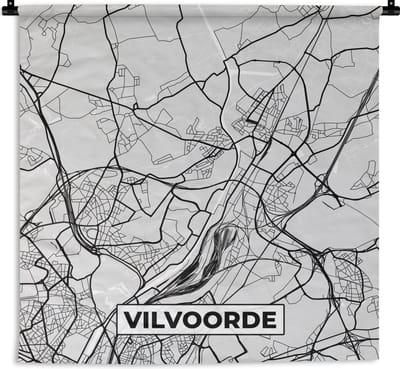 Wandkleed - Wanddoek - Zwart Wit – België – Plattegrond – Stadskaart – Kaart – Vilvoorde - 180x180 cm - Wandtapijt