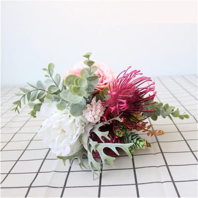 Zijde Roos Pioen Boeket - Kunstbloemen Decoratie - Bruiloft Thuis Feest - Levensechte Elegante Look - 28cm Lengte - Eén Kleur