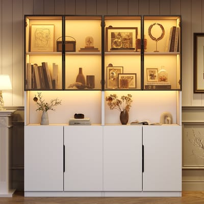 Vitrinekast - 30x160x200 cm - Glazen Deuren en LED - Instelbare Helderheid - MDF - Wit