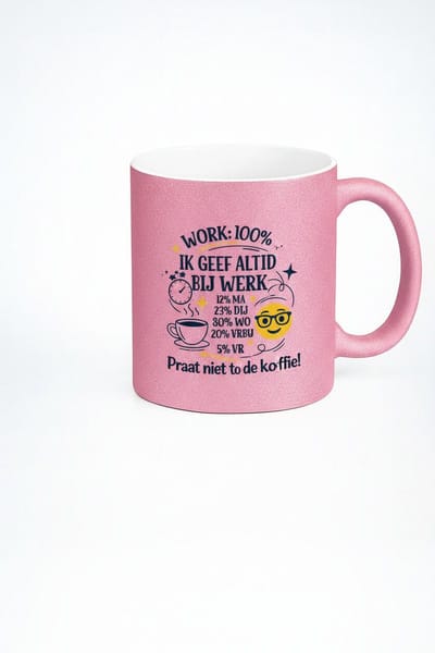“Work 100% – Ik Geef Altijd 100% Bij Werk” 330ml Roze Glitter Koffiemok – Grappige Werk Humor – Leuk Cadeau voor Collega’s