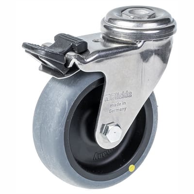75 mm roestvrijstalen zwenkwiel met rem, voorzien van grijze elektrisch geleidende therm