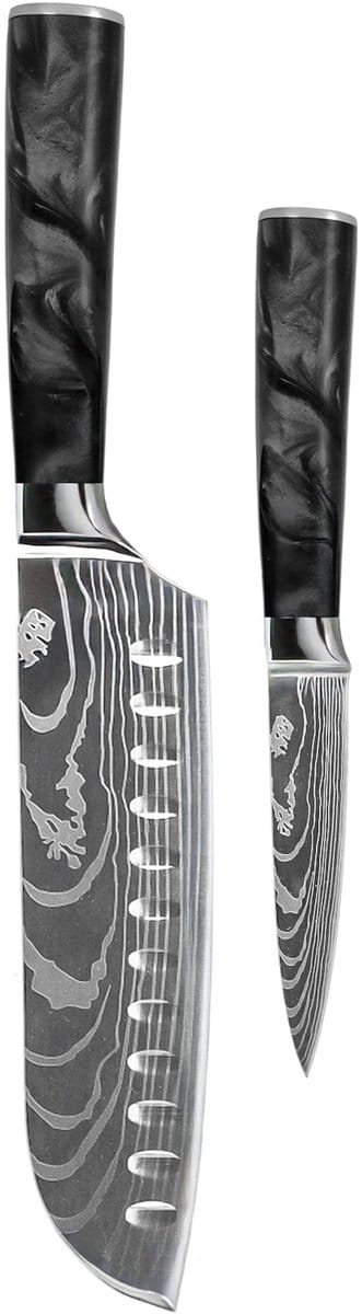 Shinrai Knives - Damascus Print Epoxy Onyx 2-delige Messenset - Santoku + Schilmes