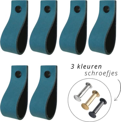 Handles and more - 6x Leren handgrepen lusjes - Petrol blauw - XS (12,6cm) - incl. 3 kleuren schroefjes (handgreepjes - leren handgrepen - greepjes - leren lusjes)