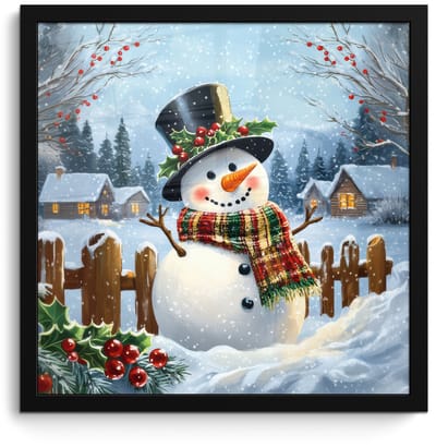 Poster in lijst - Fotolijst 40x40 cm - Posters - Sneeuwpop - Winterdorp - Kleurrijk - Posterlijst zwart - Decoratie - Wanddecoratie woonkamer - Muurdecoratie slaapkamer