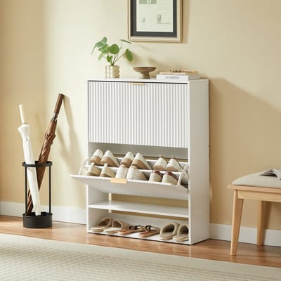 Wishdor - Schoenenkast - smal ontwerp met kippdeuren en open vak - modern - voor hal en entree - houtlook en metaal - wit - 80 x 24 x 102 cm