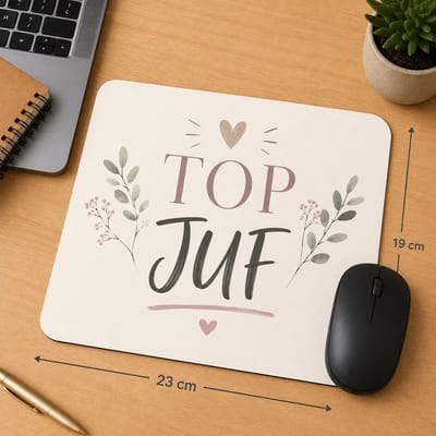 Muismat Top Juf – 23 x 19 cm – Cadeau voor Juf – Juffendag Cadeau – Einde Schooljaar – Minimalistisch Bloemen Design
