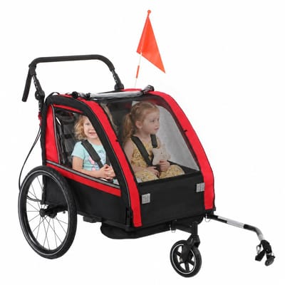 Daity 1 stuk - 2-in-1 fietsaanhanger en kinderwagen, voor 2 kinderen, verstelbare duwbeugel, handrem, veiligheidsgordel, rood