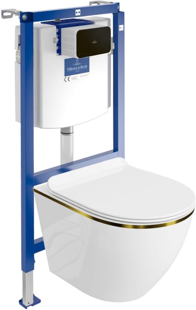 Villeroy&Boch Inbouwreservoir Complete Toiletset ViConnect H112 - Inbouw WC Hangtoilet Wandcloset SOFI SLIM GOLD LINE - Bedieningsplaat Zwart - Voorwandelement voor toilet - Installatiesysteem