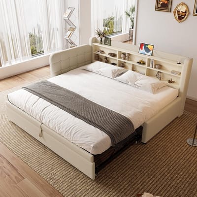 YEHTOKHOME Slaapbank 90x200 cm (180x200 cm) - multifunctioneel uitschuifbaar bed - USB Type-C - meerdere opbergvakken - Tweepersoonsbed met lattenbodems - linnen - beige (zonder matras)