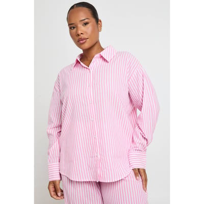 boohoo Dames Plus Katoenen Oversized Pyjamahemd Met Krijtstreep | Roze | Maat: 44