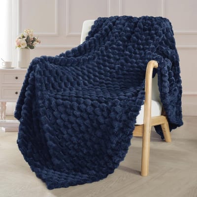 Extra grote zachte fleece deken – 127 x 203 cm – stijlvolle jacquard deken voor thuis – donzig en lichtgewicht voor het hele seizoen – marineblauw