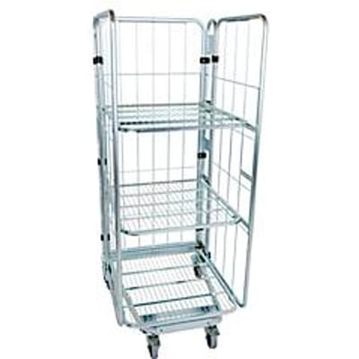 Nestbare rolcontainer, 3-zijdig, gegalvaniseerd, draagvermogen 500 kg, 2 tussenlegborden,