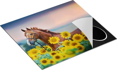 Chefcare Inductie Beschermer Bruin Paard tussen de Zonnebloemen - 60x50 cm - Afdekplaat Inductie - Kookplaat Beschermer - Inductie Mat