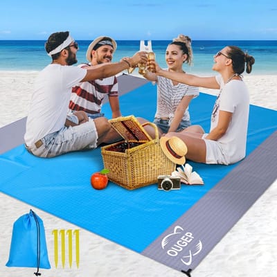 Strandkleed 230 x 200 cm - Zandvrij & Waterdicht - Groot Picknickkleed voor 4-8 Personen - Opvouwbaar - Blauw/Grijs - Voor Strand, Camping, Wandelen & Picknick