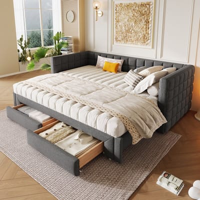 Daybed met uitschuifbaar bed - 90x200 cm en 180 cm queensize - Grijs fluweel - 2 opberglades - Vierkante rugleuning met patroon - Geschikt voor logeerkamer en kleine ruimtes