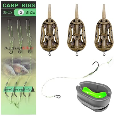 Dailygoods- Karperfeeder 3 Stuks - Method Feeder met Aashouder - Vismethode Feeder - Visshaken Maat 2 - Kunststof/Lood/Roestvrij Staal - Effectieve Aasplaatsing