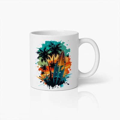 Tropische Surf Zonsondergang Mok met Palmbomen en Surfplank – Zomerse Strandcadeau